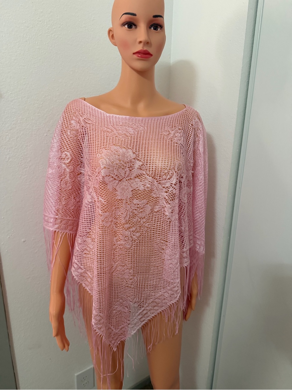 Pink Crochet Lace Fringe Boho Beach Cover Up One Size